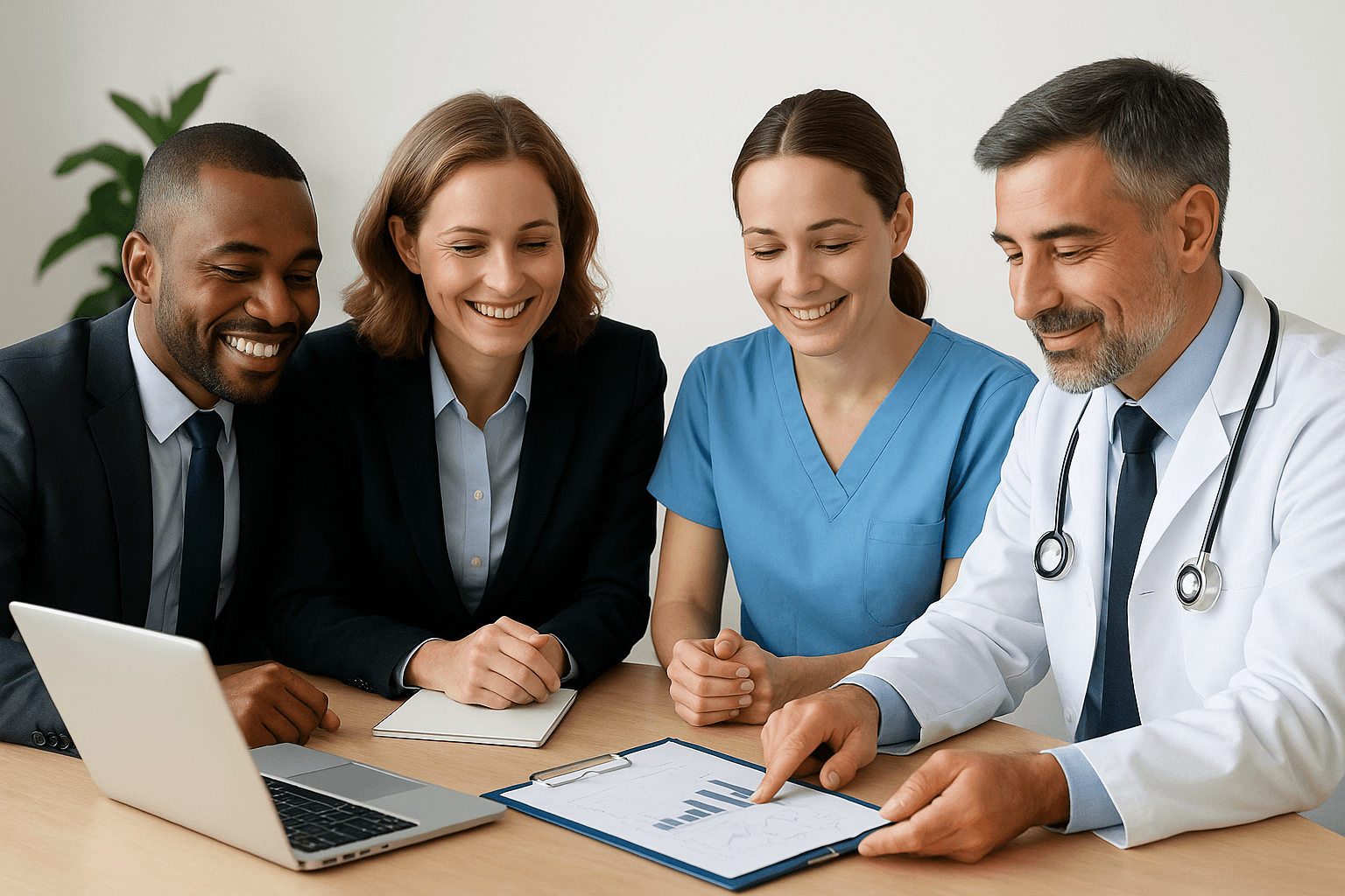 Business man, businesswoman, nurse, and doctor collaborating